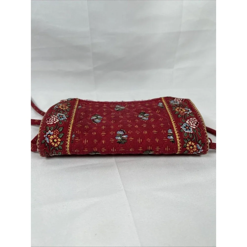 Vtg Vera Bradley Red Floral Paisley Trifold Wallet Strap Multi Pockets Quilted